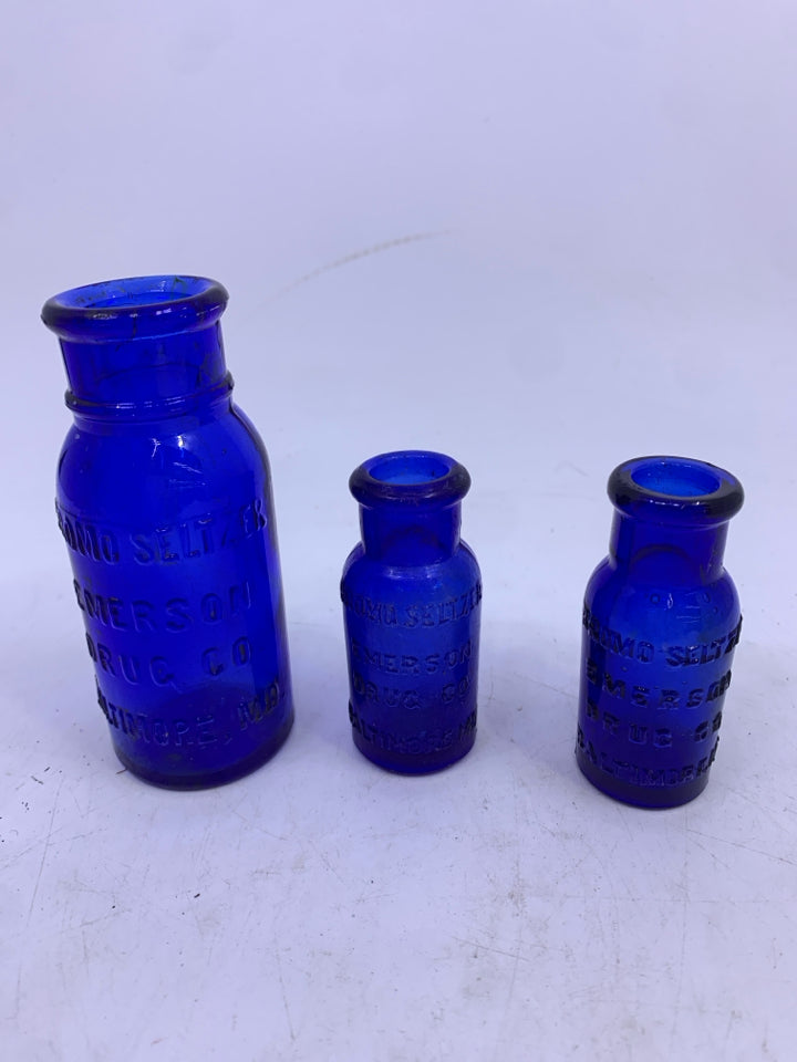 3 PC COBALT BLUE EMPTY GLASS "BROMO SELTZER EMERSON DRUG CO BALTIMORE, MD".