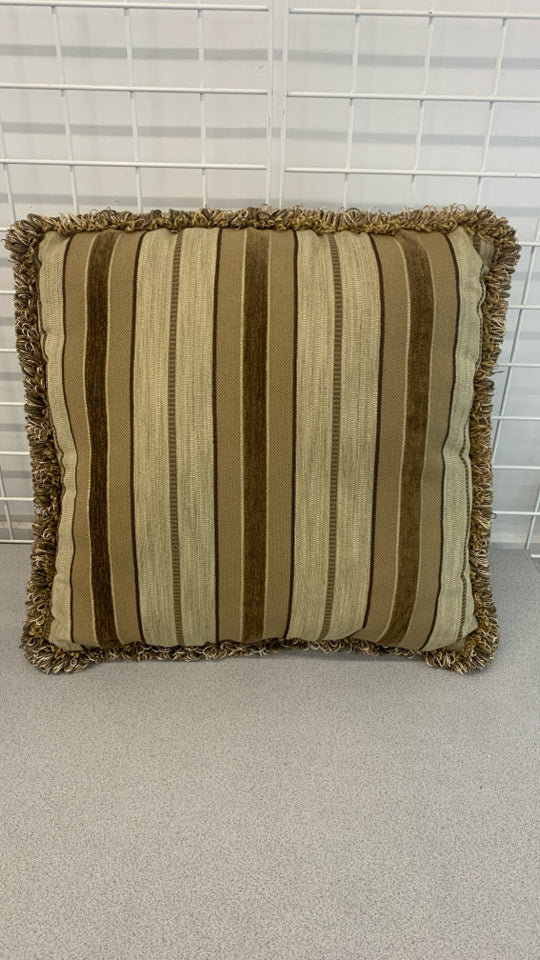 TAN AND BROWN STRIPE PILLOW W/FRINGE.