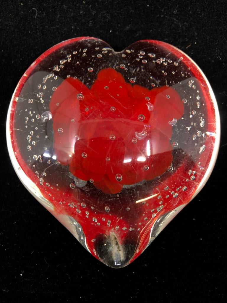 HEART SHAPED BUBBLE GLASS W/ RED ROSE INSIDE.