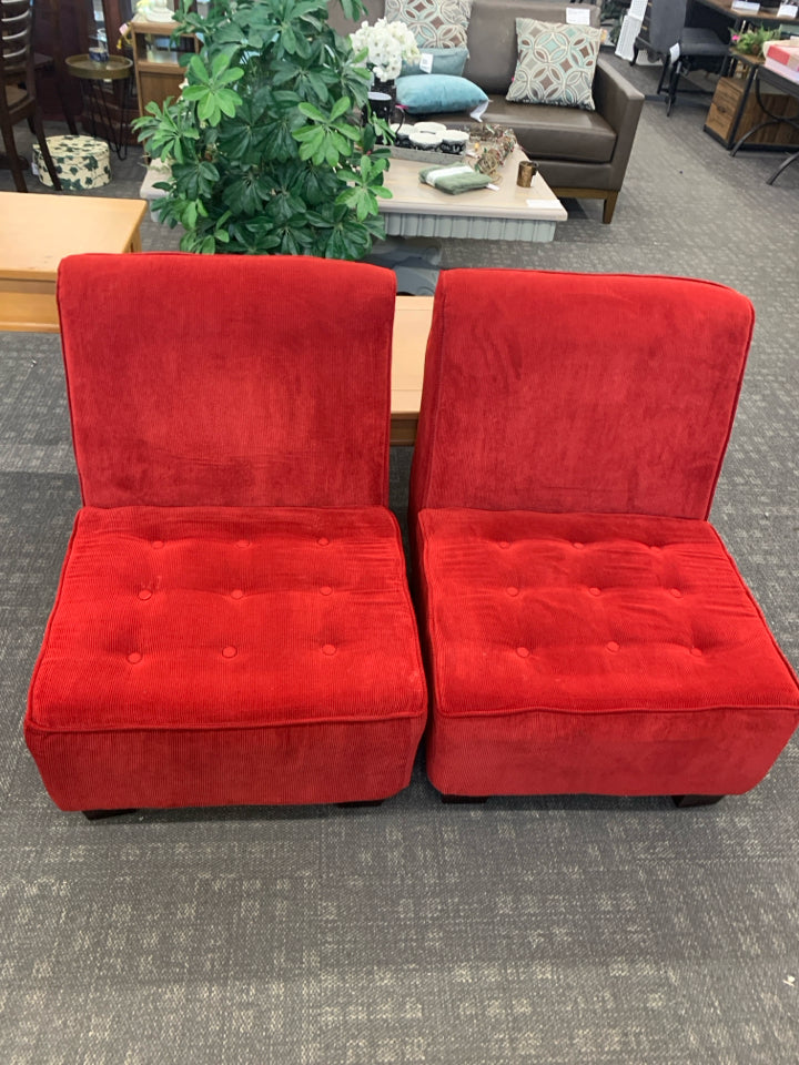 2 RED CORDUROY ARMLESS ACCENT CHAIRS.