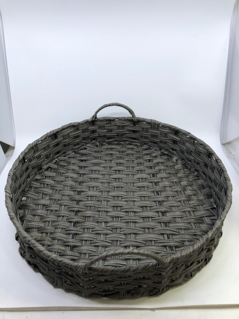 ROUND DARK GREY WICKER BASKET W/ 2 HANDLES.
