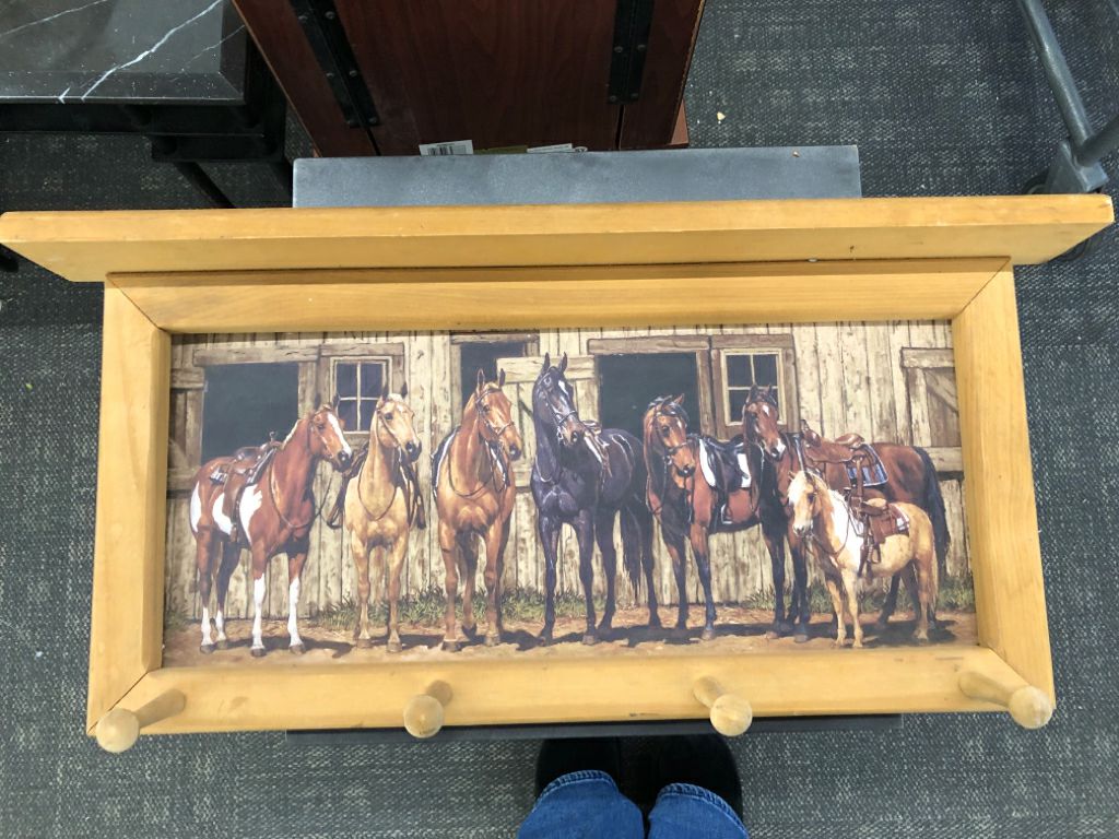HORSES AT BARN FRAMED PRINT WITH 4 HOOKS.