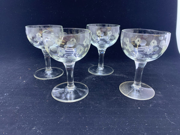 4 SHORT COUPE ETCHED GLASSES.