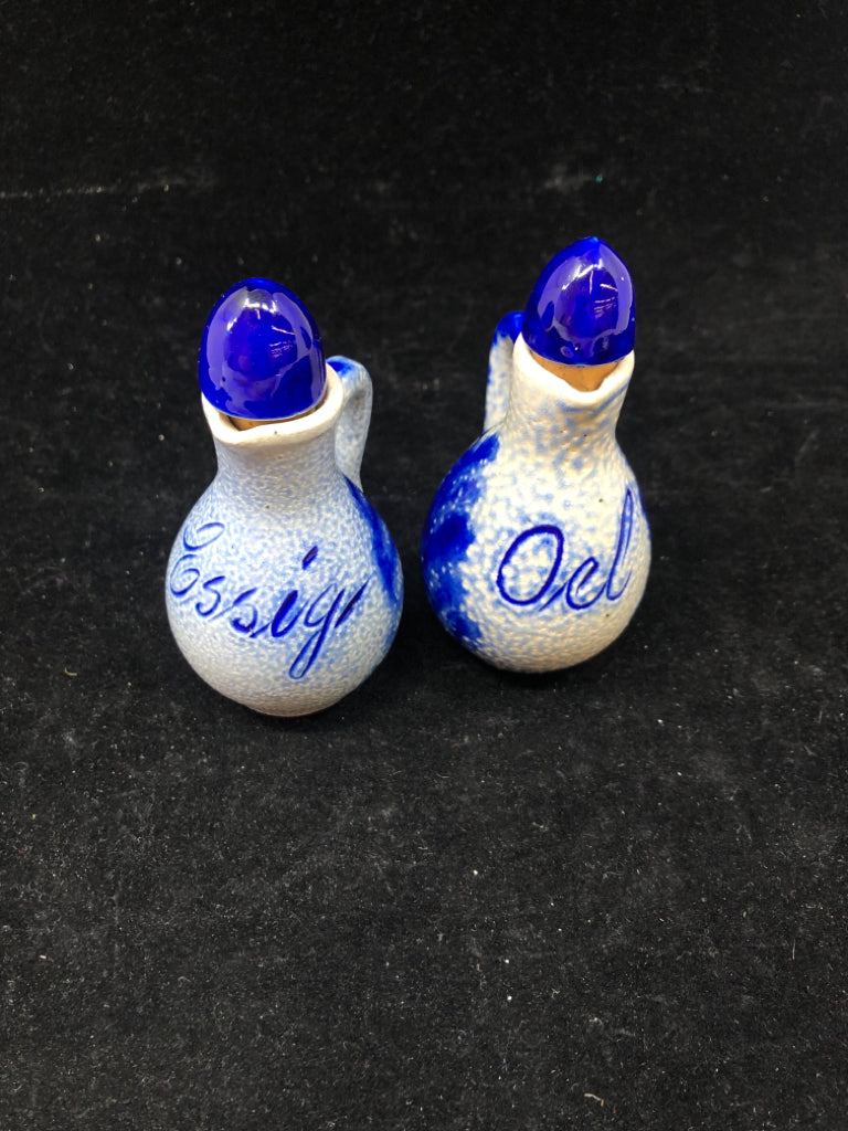 OIL + VINEGAR BLUE CERAMIC TEXTURED BOTTLES.