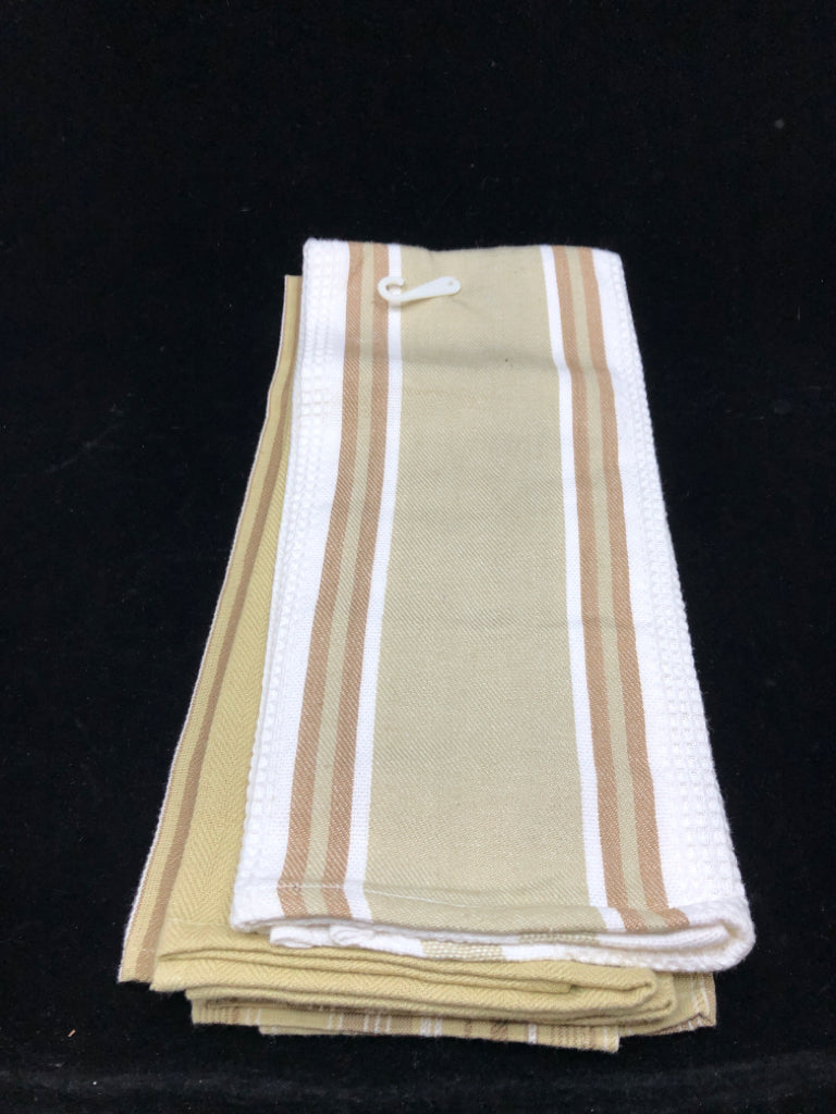 NWT 3 HAND TOWELS OLIVE, WHITE AND BROWN STRIPED.
