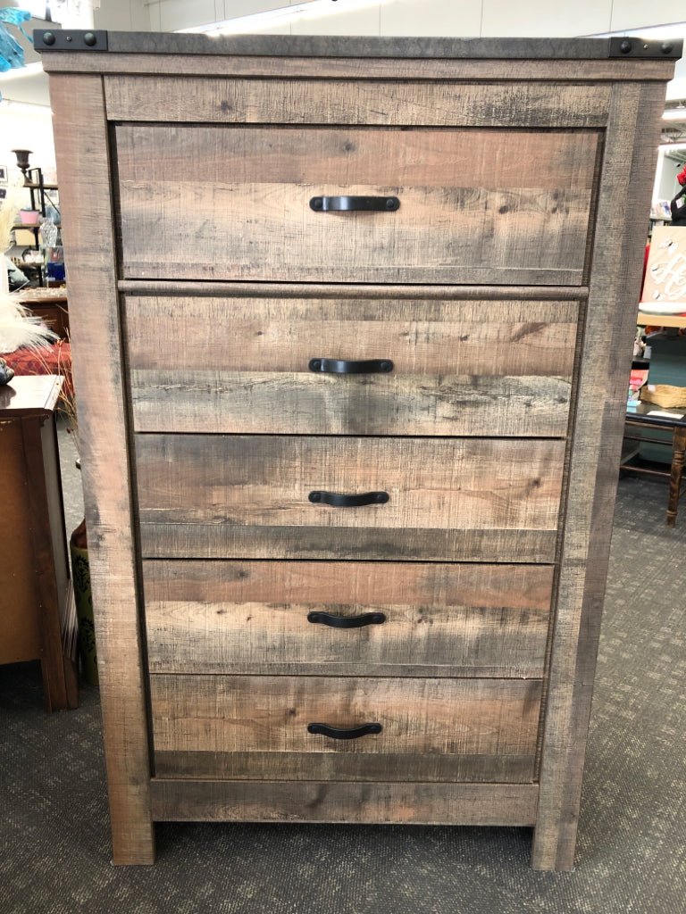 RUSTIC 5-DRAWER DRESSER W/METAL ACCENTS ASHLEY FURNITURE.