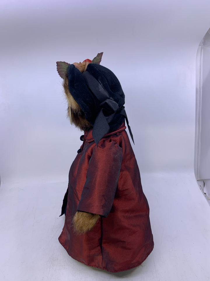 BEAR IN MAROON JACKET, BLACK HAT.