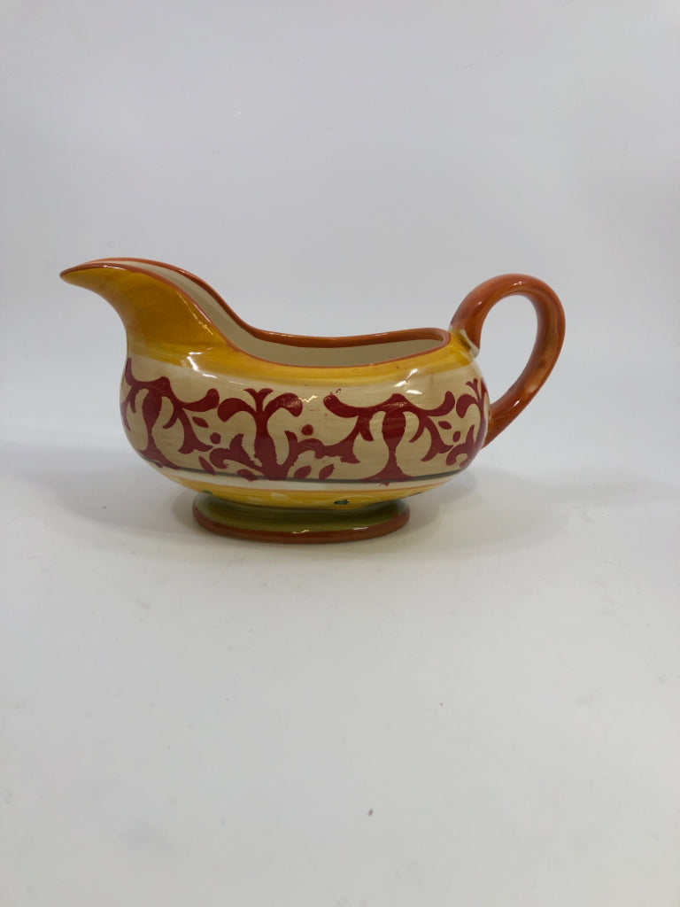 ORANGE SCROLL DESIGN GRAVY BOAT STONEWARE.