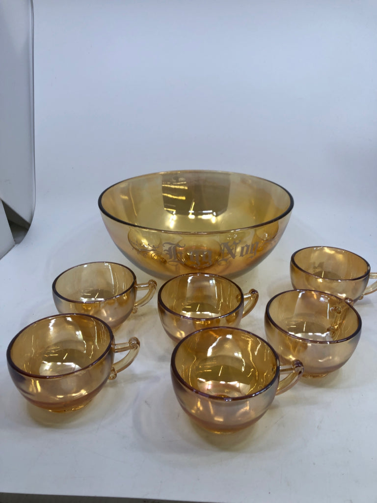 7PC VTG ORANGE IRIDESCENT "EGG NOG" BOWL W/ 6 CUPS.