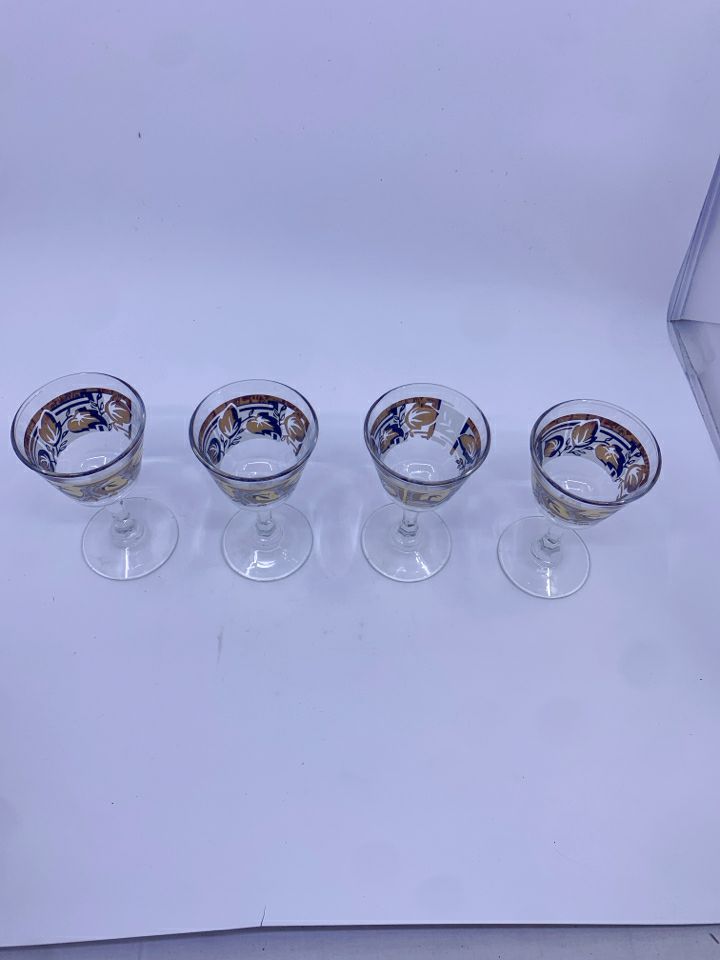 4 VTG GOLD LEAVES W FROSTED ACCENTS WINE GLASS GLASSES.