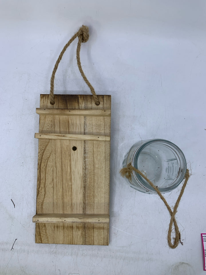 WOOD SLAB W/ HANGING MASON JAR WALL HANGING.