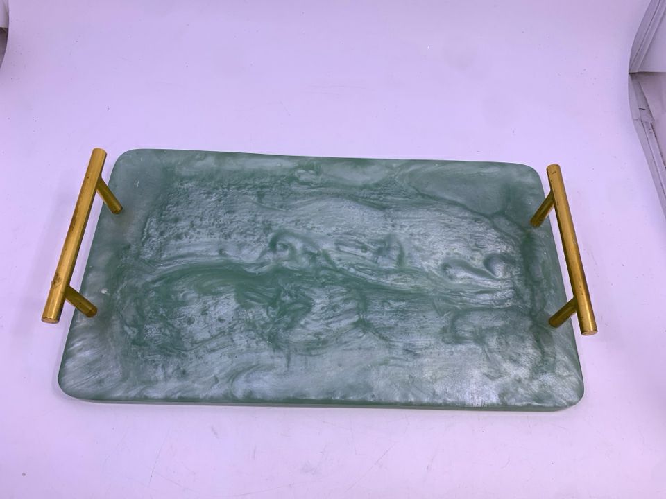 GREEN MARBLE SERVER W/ GOLD HANDLES.