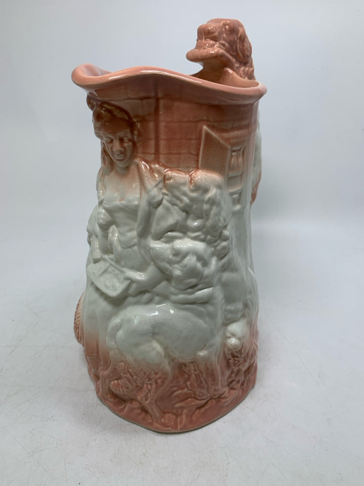 VTG MAIDEN READING W/ DOGS OMBRE PEACH COLOR DOG SHAPED HANDLE.
