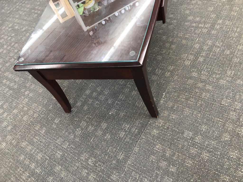 DARK WOOD COFFEE TABLE W/ DRAWER GLASS TOP.
