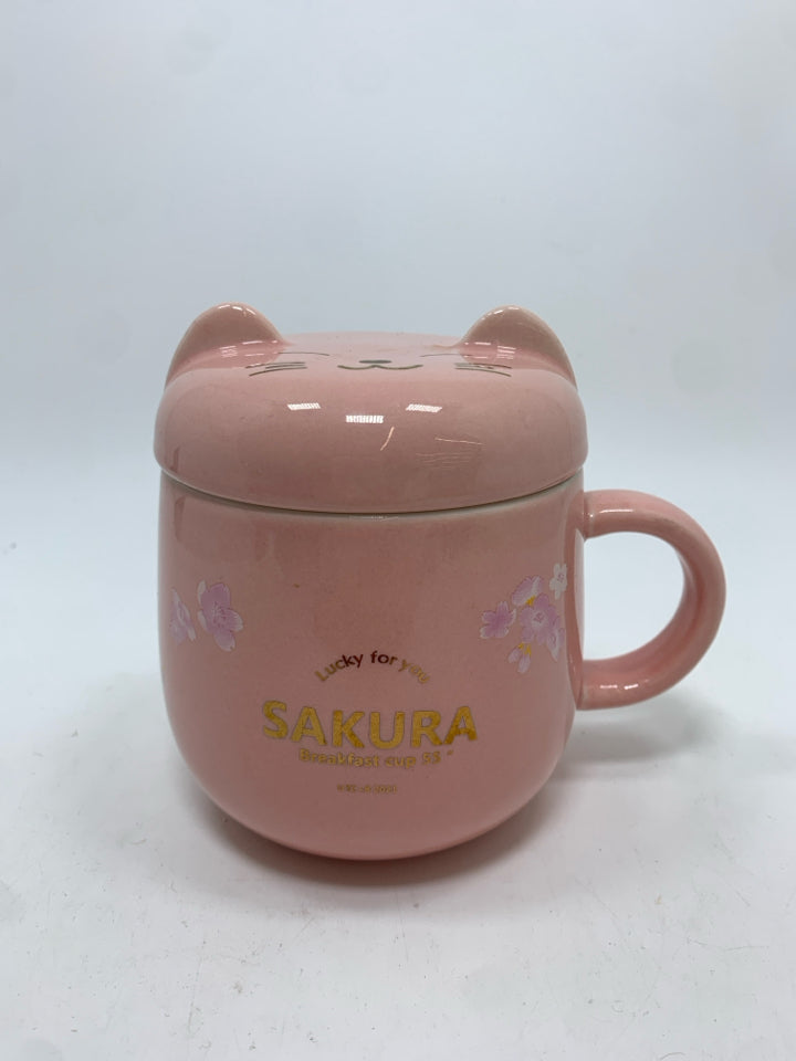 SAKURA PINK CAT MUG W/LID.