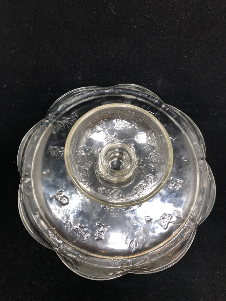 GLASS CAKE STAND W/ROSE ETCHING.
