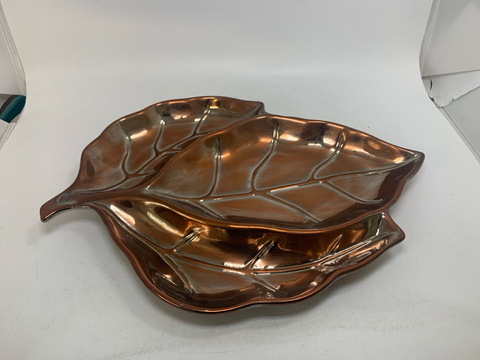 MESAHOME LARGE BRONZE METALLIC DIVIDED LEAF CERAMIC SERVING BOWL.