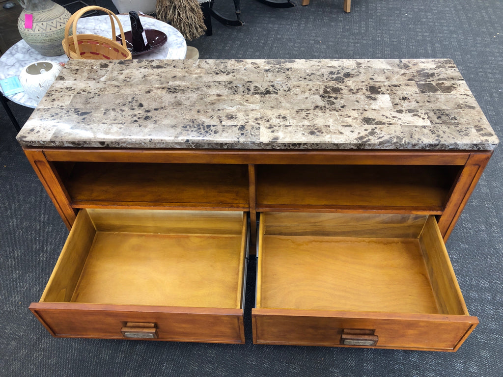FAUX HEAVY BROWN SQUARE DESIGN TOP W/ WOOD BASE 2 CUBBIES/DRAWERS.