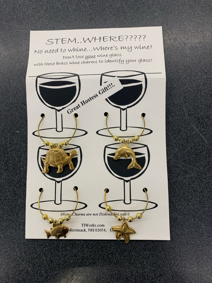 NIP 4PC BRASS WINE CHARMS SEA ANIMALS