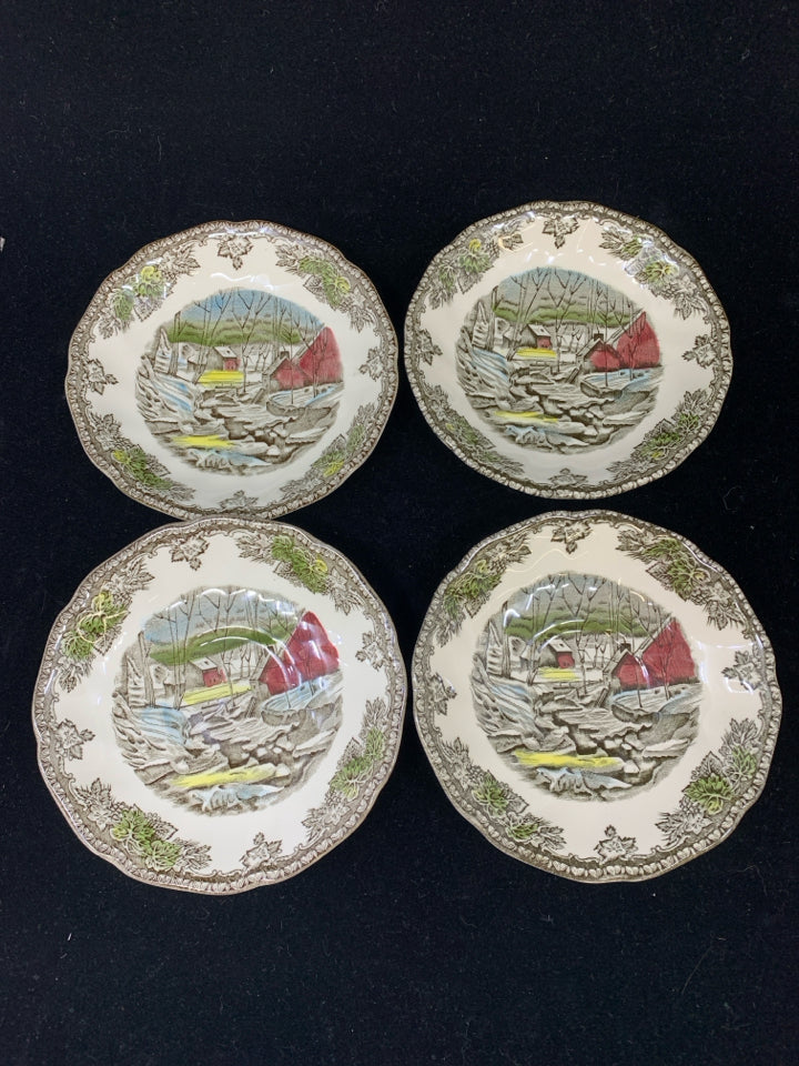 4 VTG RED BARN SCENE DESSERT PLATES JOHNSON BROS.