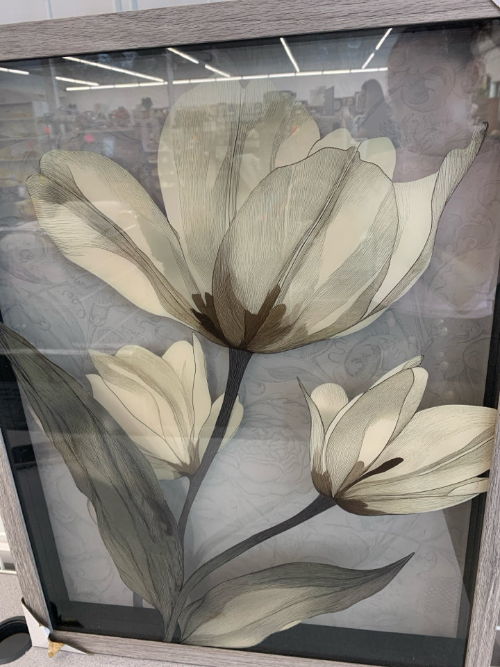 FLOATING MAGNOLIAS WALL ART IN GREY WOOD FRAME.