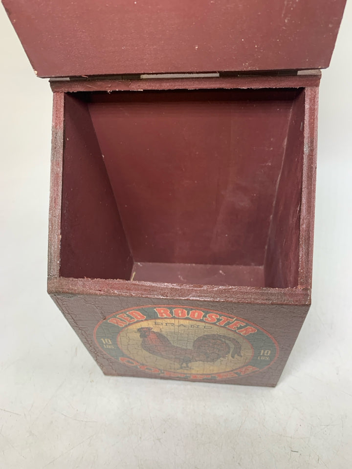 RUSTIC RED ROOSTER COFFEE BIN W/ FLAP LID DECORATIVE.
