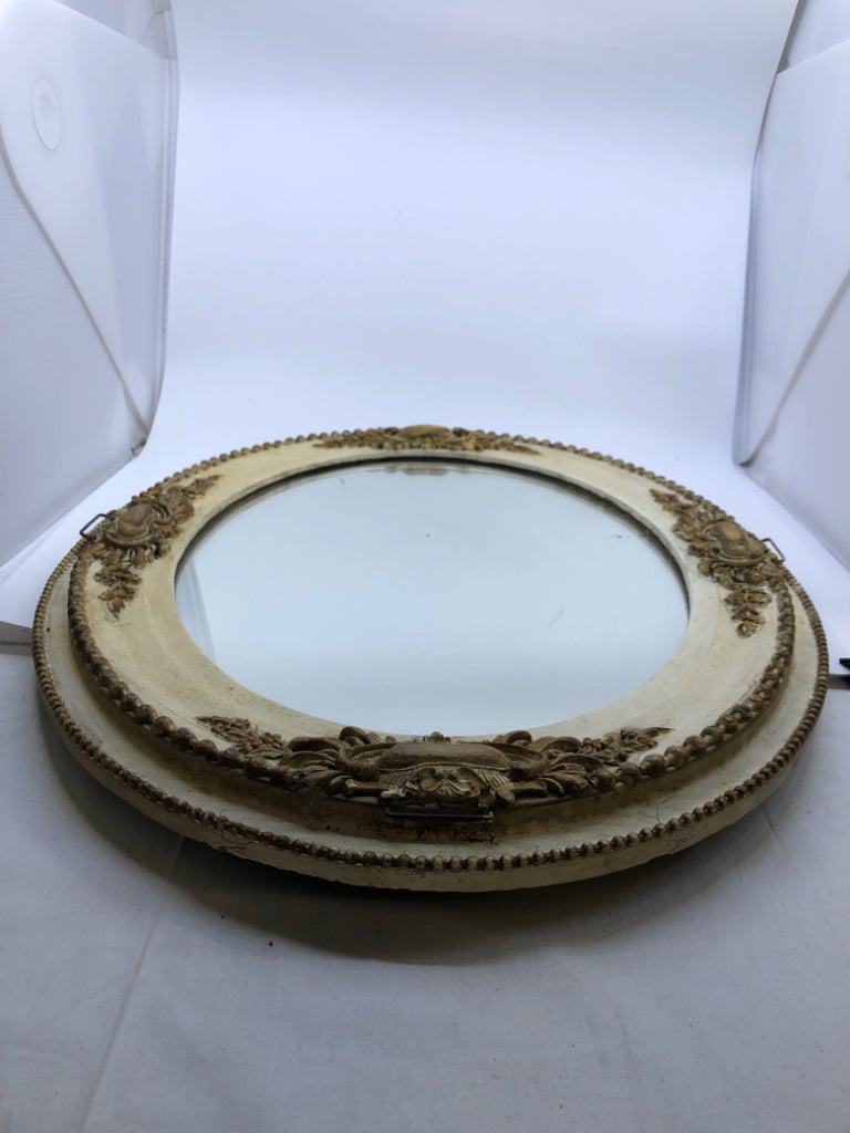 VTG GOLD/CREAM ORNATE OVAL MIRROR.