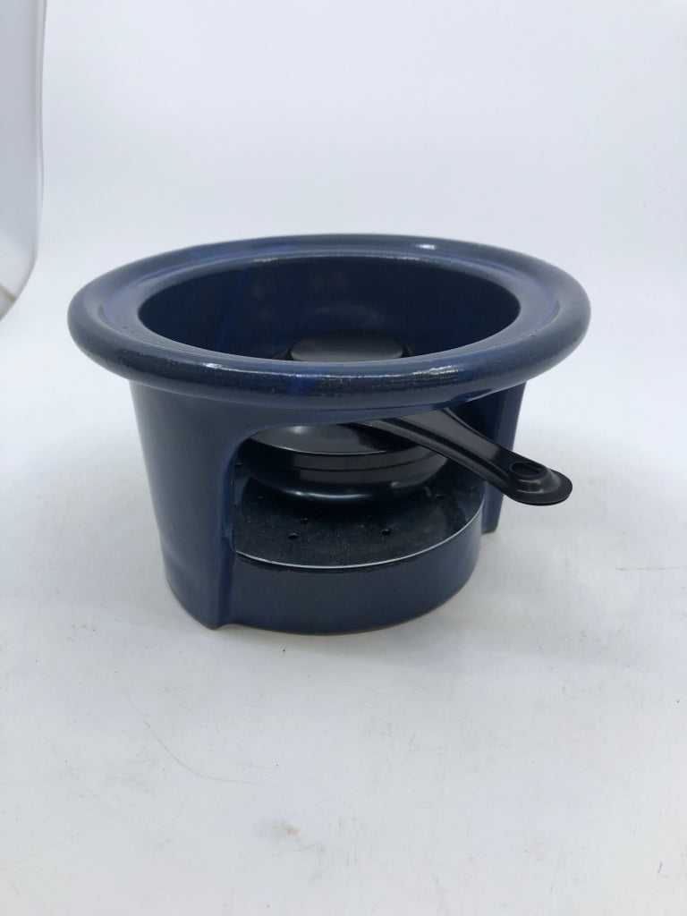 DARK BLUE POTTERY FONDUE SET + FORKS.