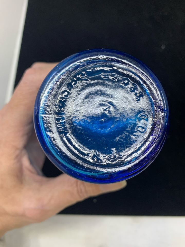 BLUE GLASS HEXAGONAL VASE W/STARS.