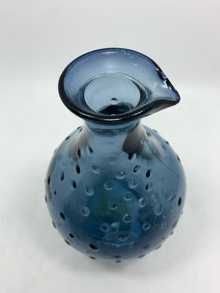 BLUE GLASS VASE W/HOBNAIL DETAILS.