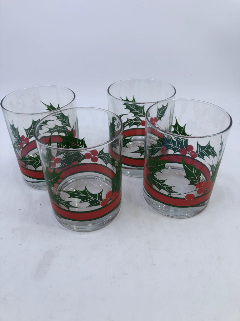 4 HOLLY SHORT WATER GLASSES.