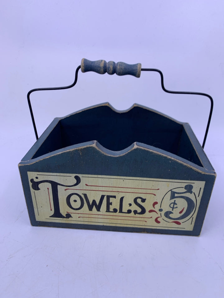 BLUE TOWEL WOOD BASKET W/ HANDLE.