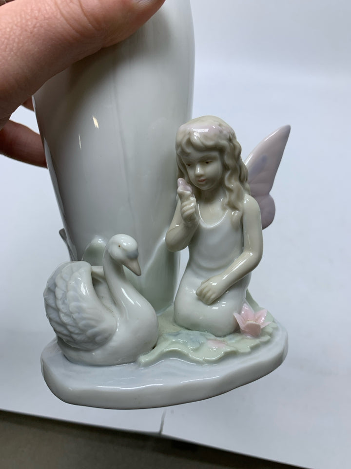 TULIP SHAPED VASE W/ FAIRY & SWAN AT BASE.