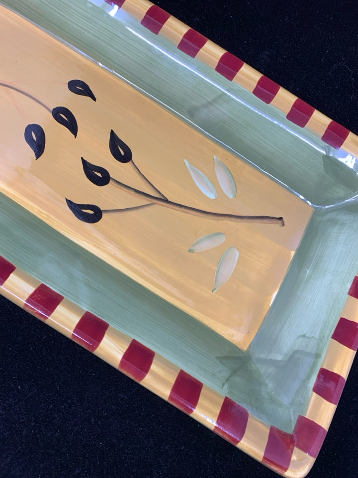 GREEN AND YELLOW CHECKERED PLATTER W FLORAL.