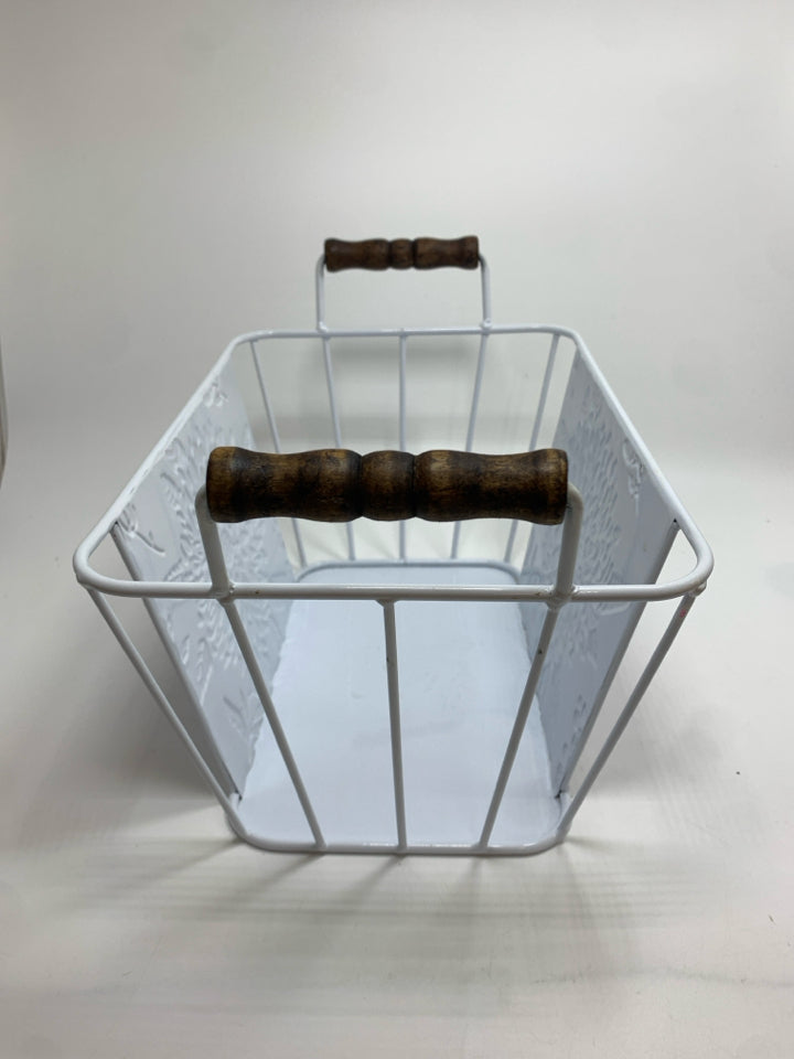 WHITE TIN BIN W/PURPLE FLOWER.