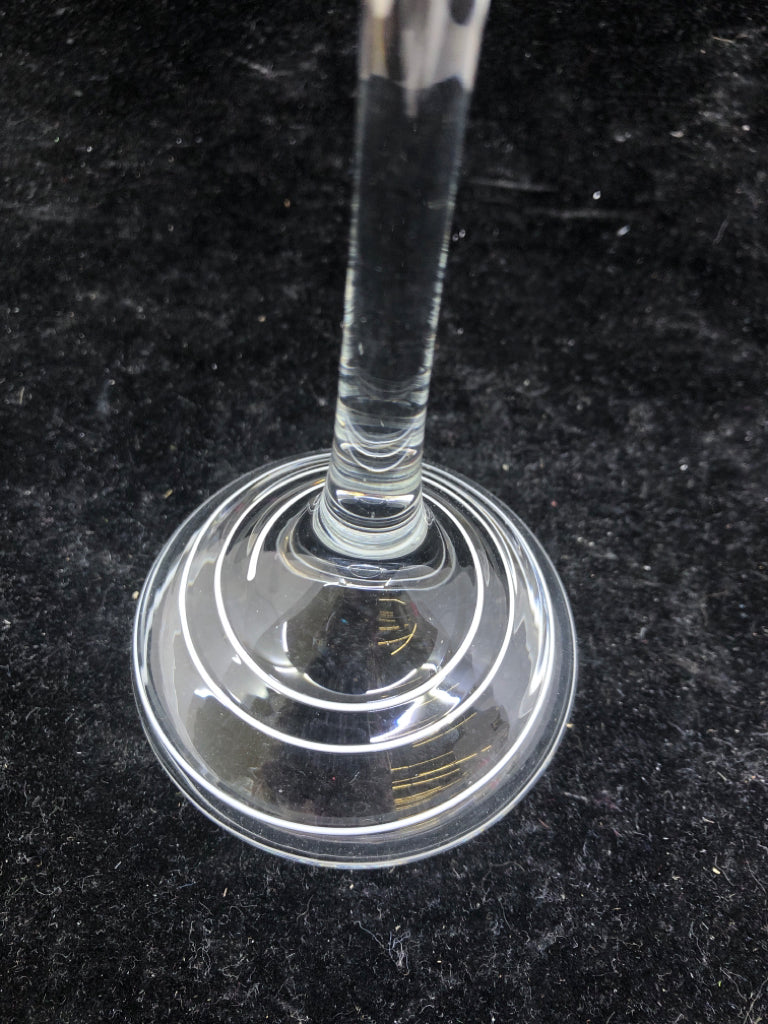 2 FOOTED GLASS TEA LIGHT HOLDERS W/ WHITE SWIRL.