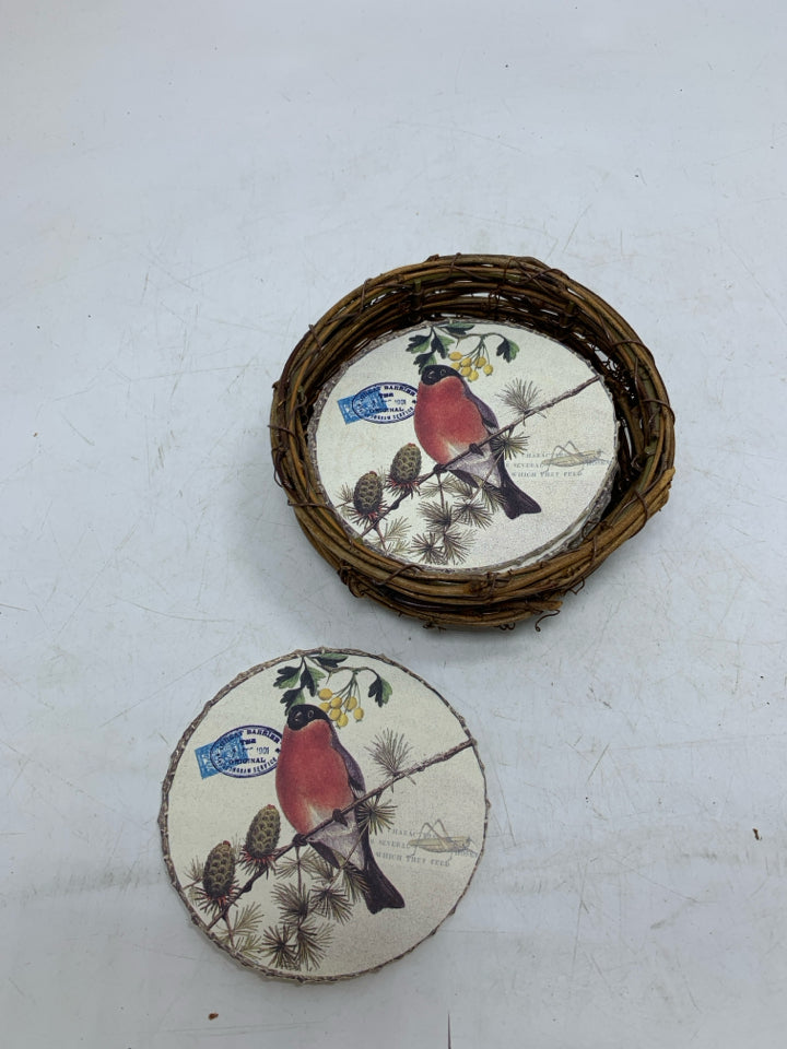 8 PAPER BIRD COASTERS IN BIRDS NEST HOLDER.