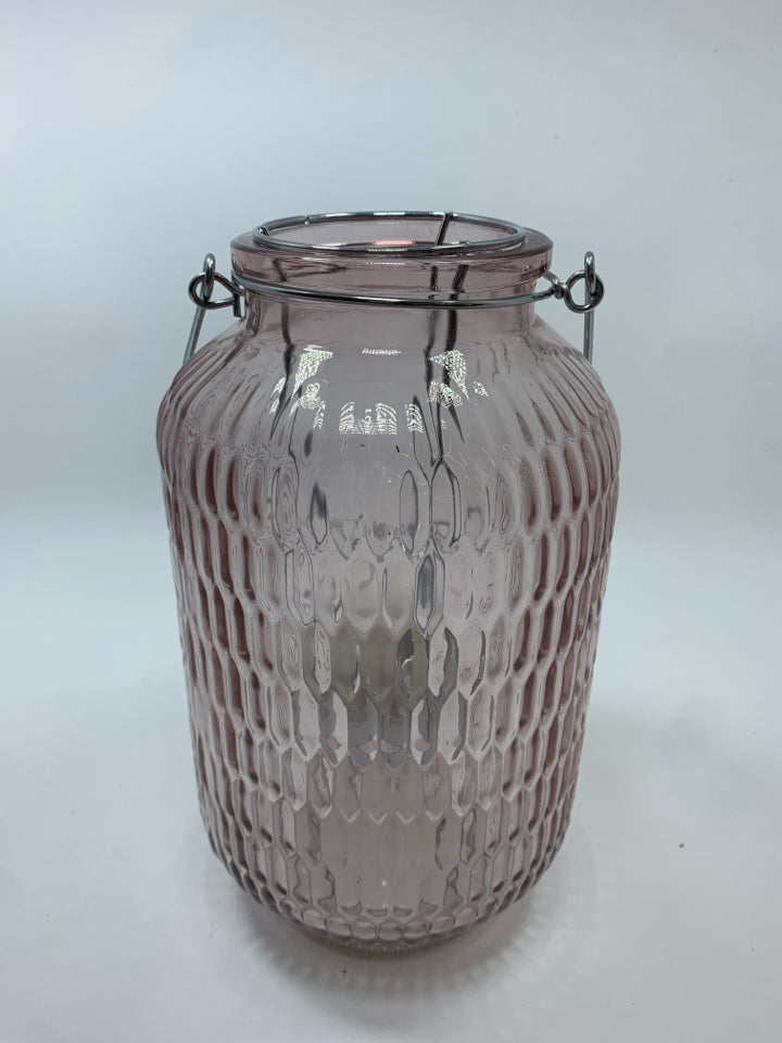 PINK GLASS TEA LIGHT LANTERN.