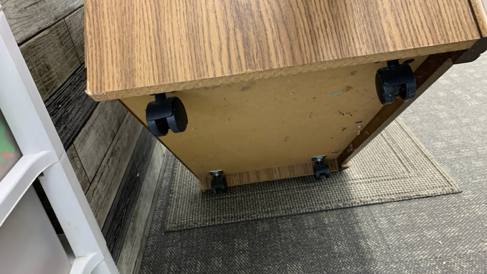 WOOD GRAIN TV STAND W/DOORS ON WHEELS.