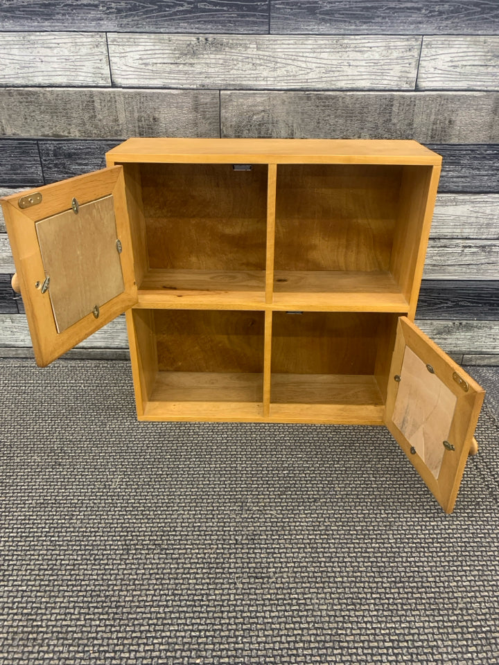 WOOD CUBBY SHELF W/TWO PHOTO FRAME DOORS.