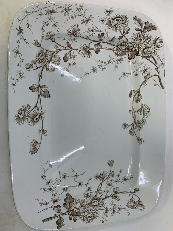 VTG SPRING BROWN FLOWERS RECTANGLE PLATTER.