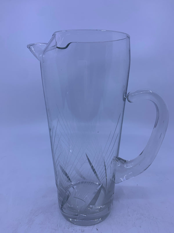 ETCHED CUT GLASS BOTTOM PITCHER W HANDLE.
