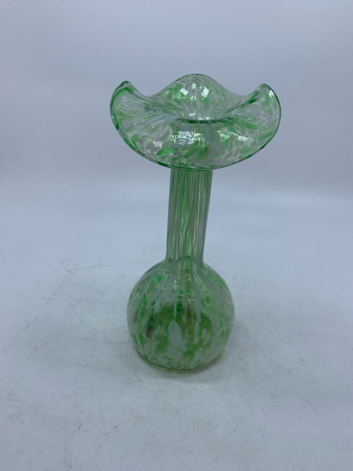 LIGHT GREEN BLOWN GLASS VASE W/ FLARED EDGE WHITE SPOTS.