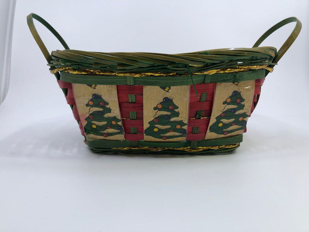 RED & GREEN WICKER BASKET W/CHRISTMAS TREES.