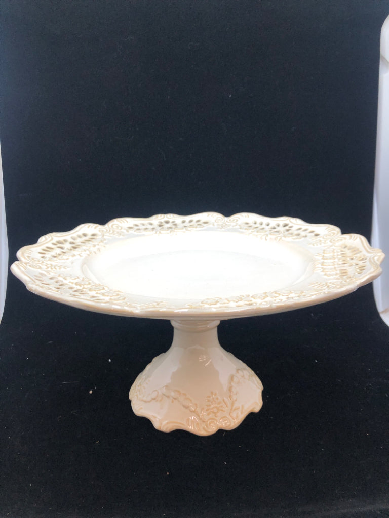 WHITE GLAZED CAKE STAND.