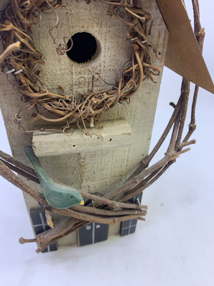 RUSTIC WOOD STEEPLE W/TWIGS & BLUE BIRDS.