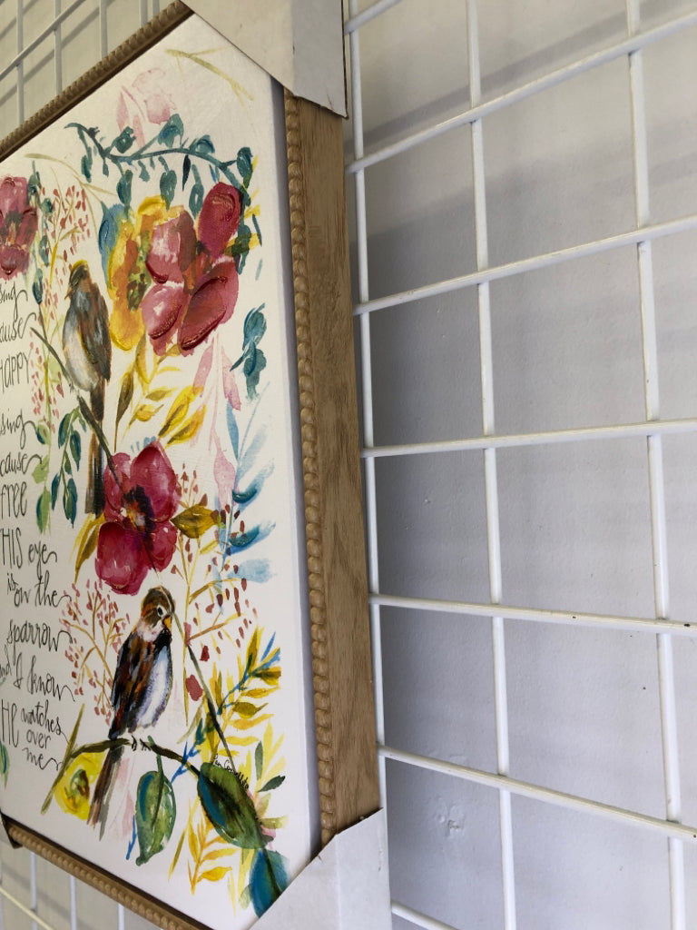 BIRDS, PINK FLOWERS PAINTED CANVAS IN LT WOOD FRAME.