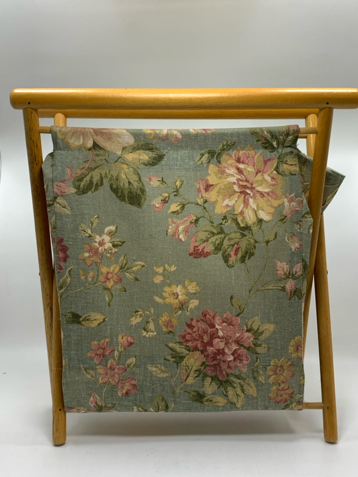 WOODEN/FABRIC STORAGE CADDY W/FLORAL DESIGN.