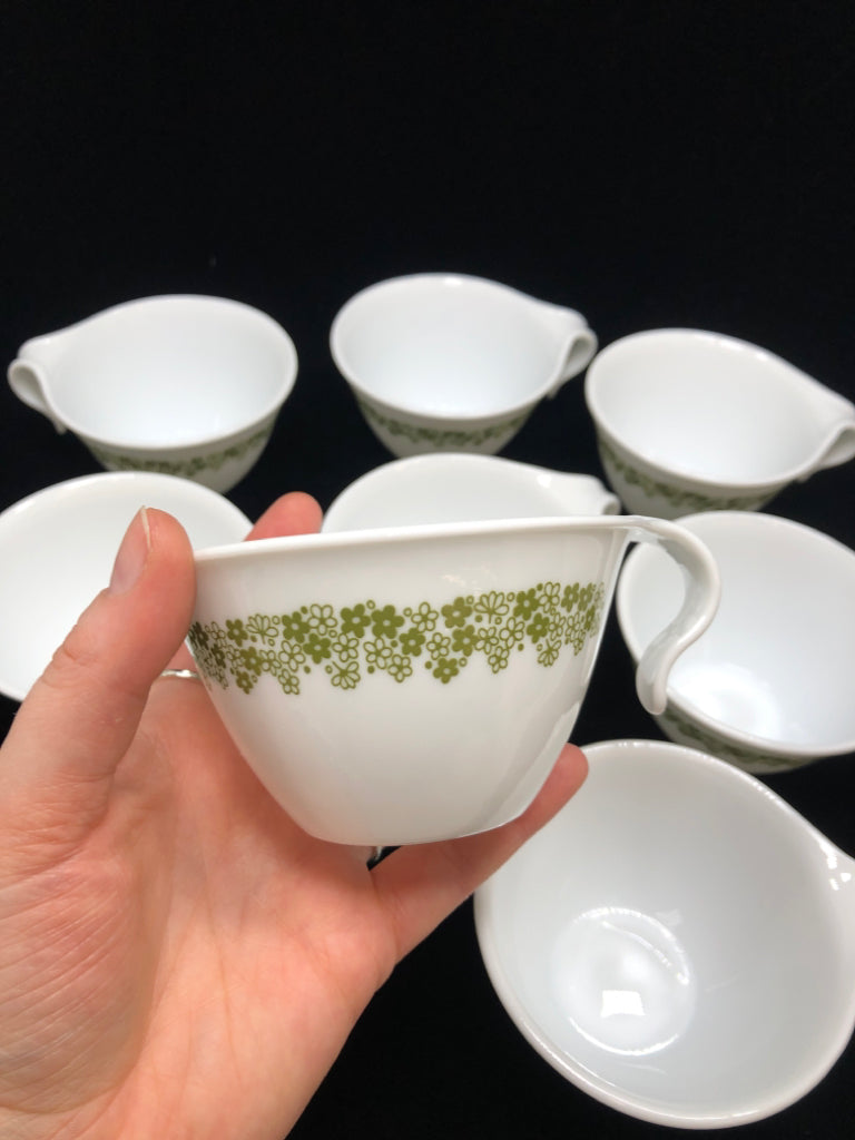 8 VTG GREEN CRAZY DAISY HOOK HANDLE MUGS.
