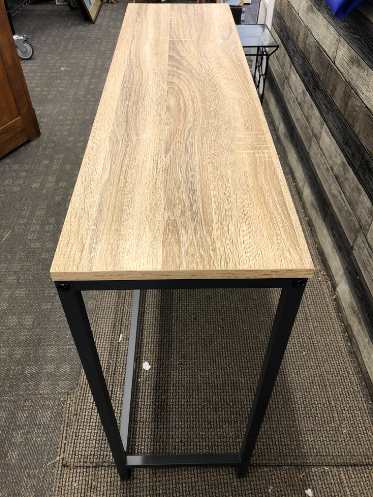 METAL BASE, WOOD TOP SOFA TABLE.